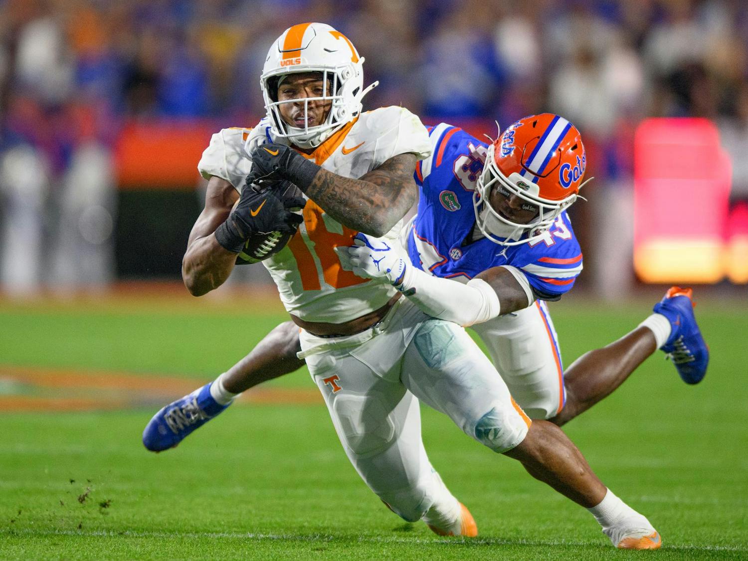 Tennessee running back DeSean Bishop (18) torched the Gators' defense with 116 rushing yards and two touchdowns at Ben Hill Griffin Stadium, Saturday, Nov. 22, 2025, in Gainesville, Fla.
