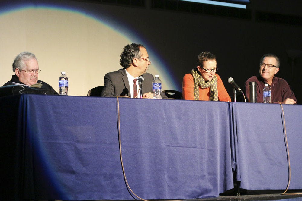From left: Professors Robin Wright, Leonardo Villalon, Trysh Travis and Philip Williams speak during a panel at the “What’s Your Story? Exploring Ethnic, Gender, Cultural, and Religious Studies at UF” event in the Reitz Union Grand Ballroom on Wednesday night. The event was designed to discuss opportunities for ethnic, gender, cultural and religious studies at UF and the importance of the related classes at UF.