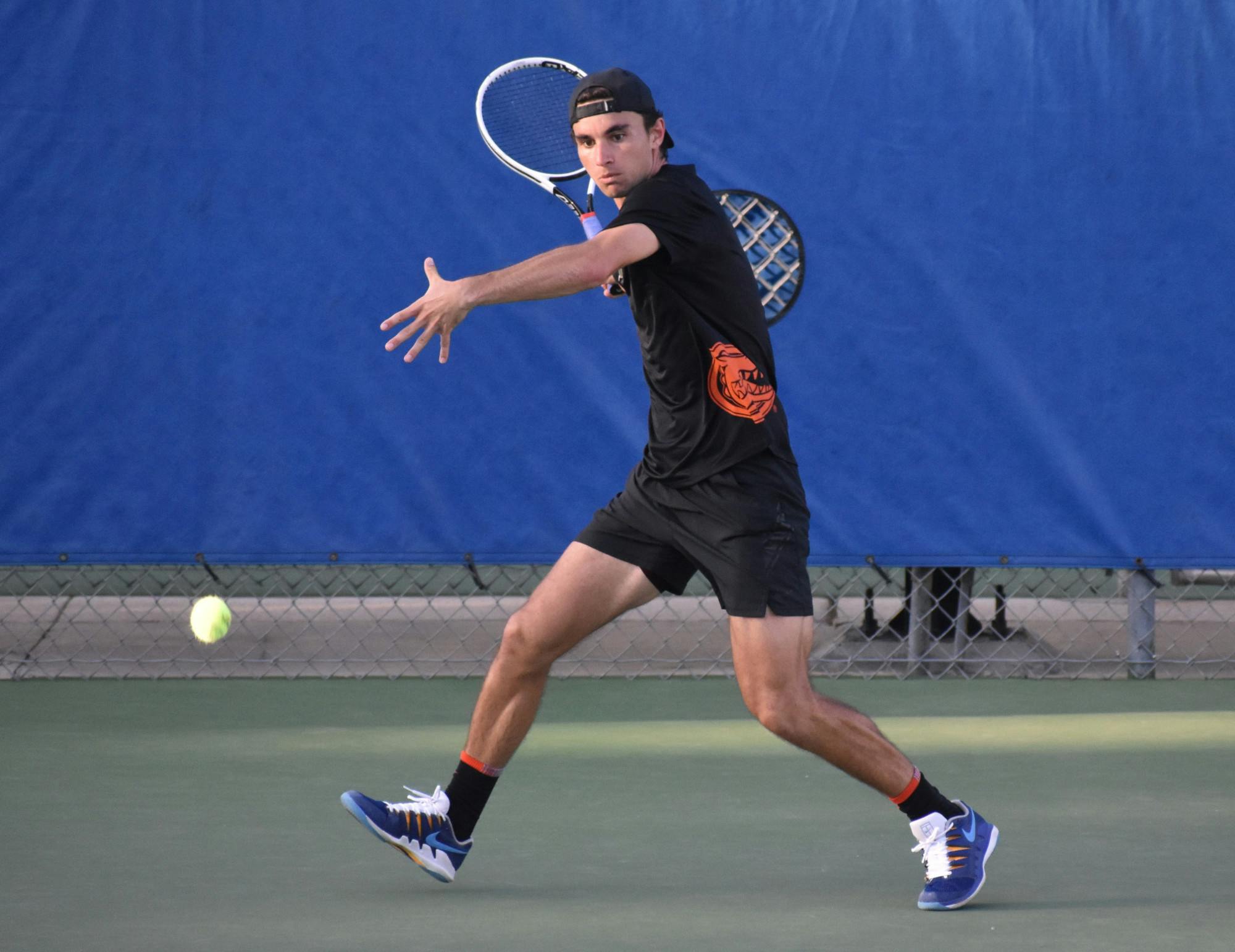 Florida doubles pair Duarte Vale (above) and Abedallah Shelbayh opened Sunday&#x27;s match against UCF with a dominant 6-1 doubles victory. Photo from UF-TCU game March 17, 2021.