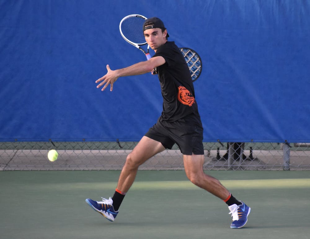 <p>Florida doubles pair Duarte Vale (above) and Abedallah Shelbayh opened Sunday&#x27;s match against UCF with a dominant 6-1 doubles victory. Photo from UF-TCU game March 17, 2021.</p>