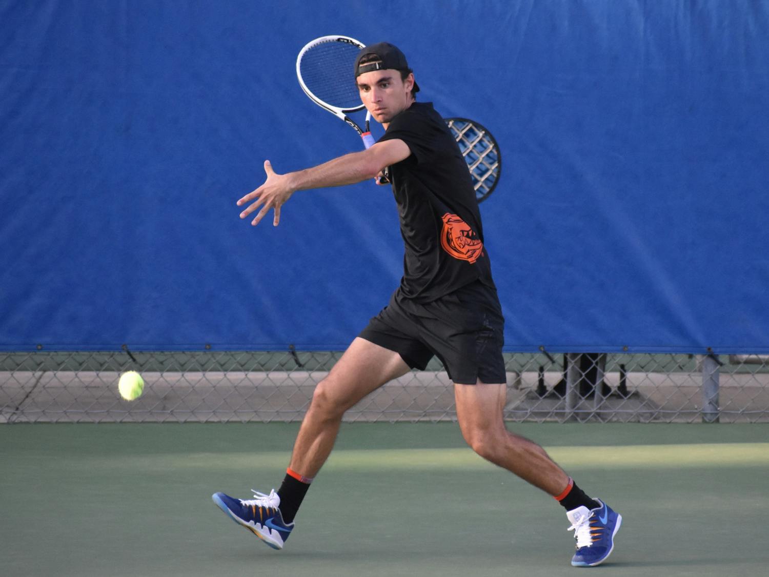 Florida doubles pair Duarte Vale (above) and Abedallah Shelbayh opened Sunday&#x27;s match against UCF with a dominant 6-1 doubles victory. Photo from UF-TCU game March 17, 2021.