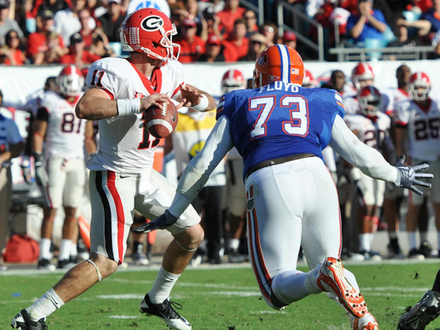 After switching from defensive tackle to defensive end in fall camp, sophomore Sharrif Floyd is starting to become acclimated to his new position. He had eight tackles, including two for loss, against UGA.