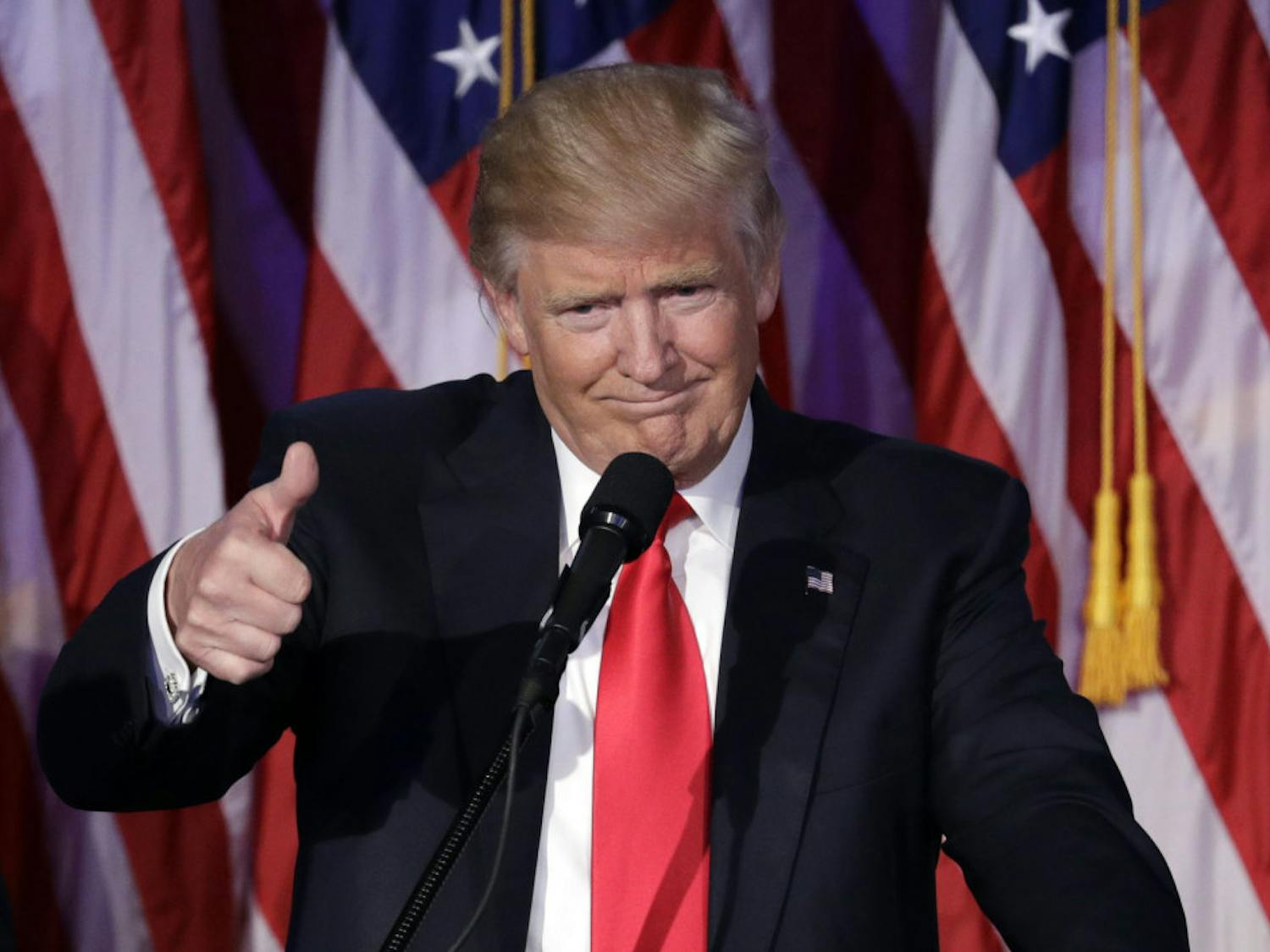 President-elect Donald Trump gives his acceptance speech during his election night rally, Wednesday, Nov. 9, 2016, in New York.