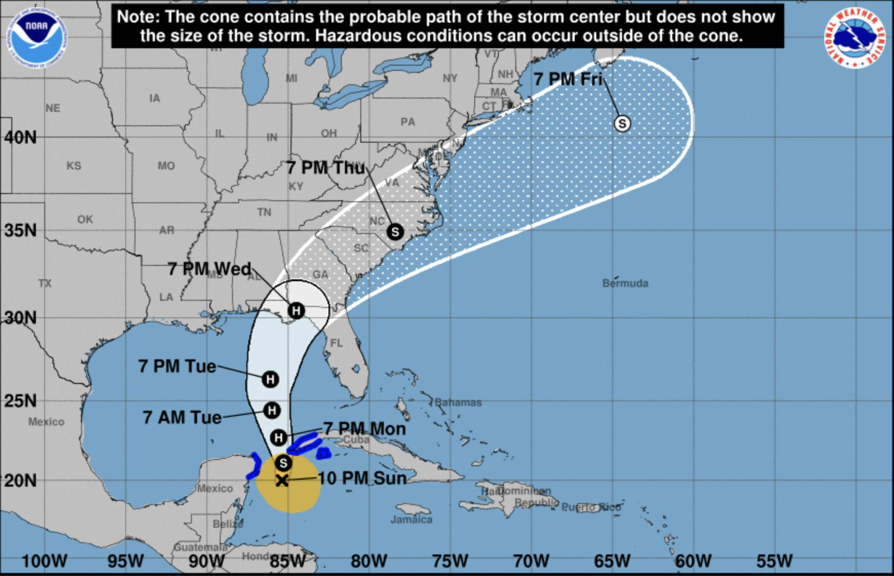 The projected storm path as of about 10 p.m. on Sunday