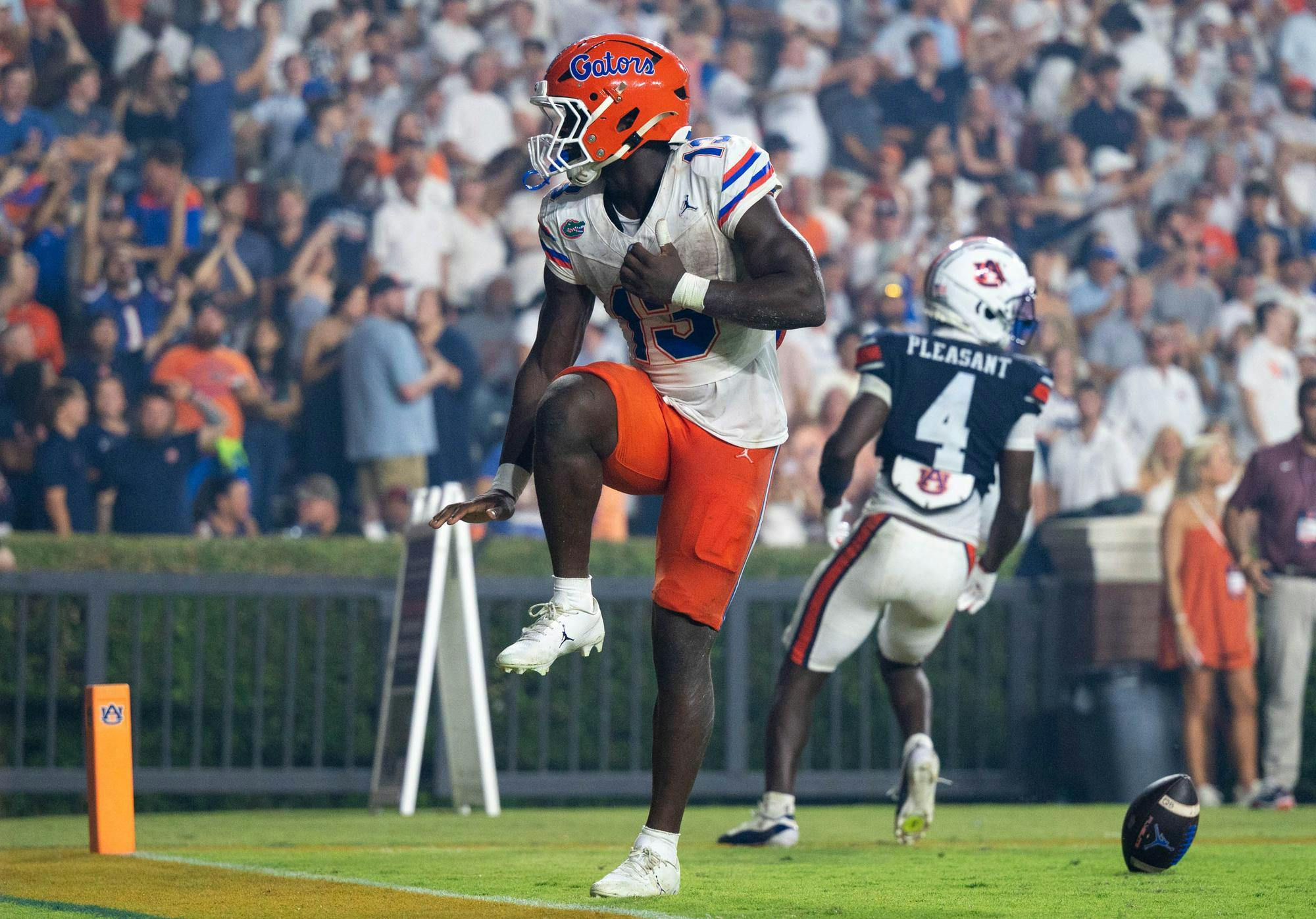 Florida running back Jadan Baugh (13) hits the Heisman Pose during the second half of an NCAA college football game against Auburn, Saturday, Sept. 19, 2026, in Auburn, Ala.