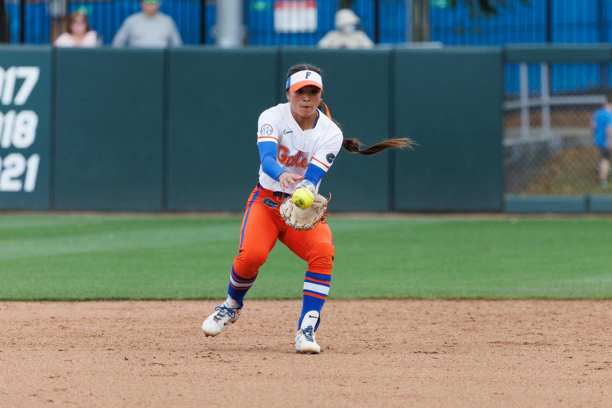 Florida Gators infielder Gabi Comia fields a ground ball during an NCAA softball game against Mississippi State, Sunday, April 5, 2026, in Gainesville, Fla.