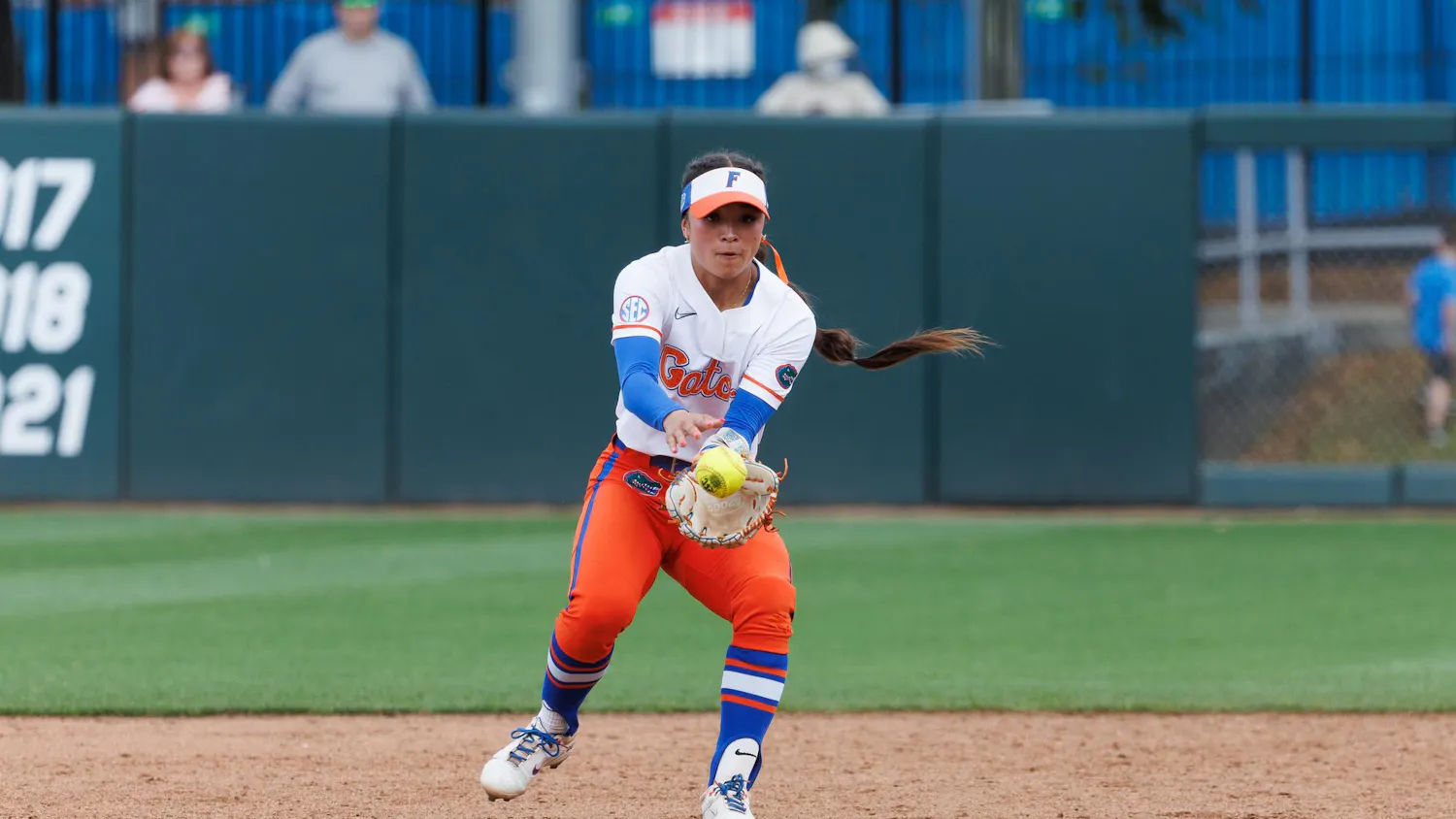 Florida Gators infielder Gabi Comia fields a ground ball during an NCAA softball game against Mississippi State, Sunday, April 5, 2026, in Gainesville, Fla.