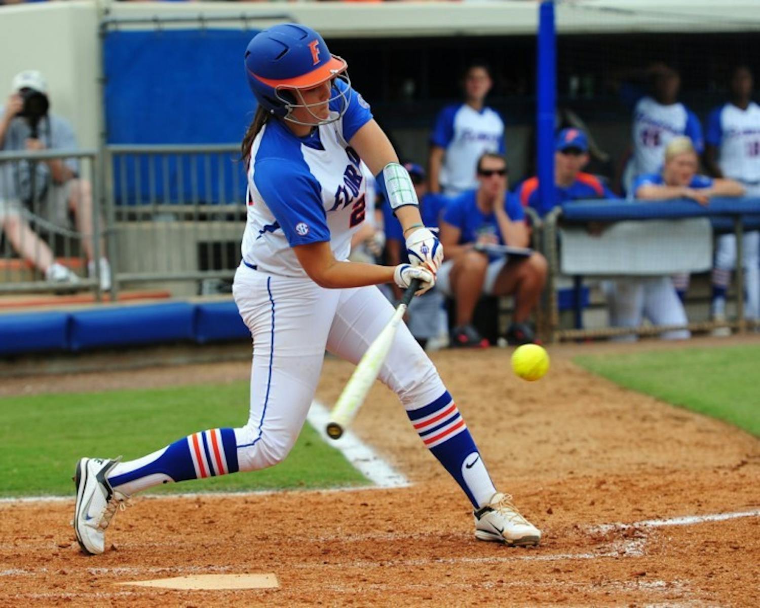 Kelsey Horton connects with a pitch in Florida's 5-2 win against Auburn on April 15, 2012. Horton hit a home run in Florida's 10-4 win against Missouri in the SEC Tournament final on Saturday.&nbsp;