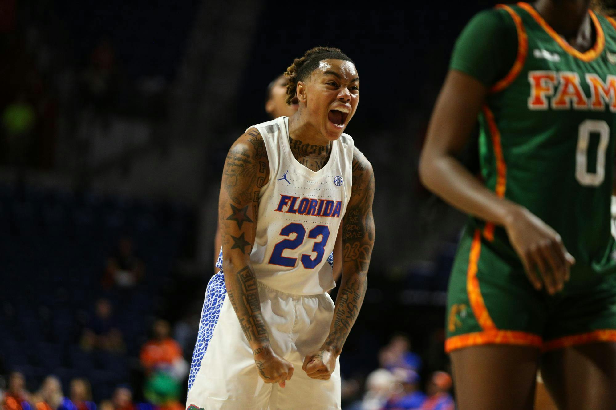 Florida Gators Guard Liv McGill (23) yells in celebreation against the FAMU Rattlers during the First half at Billy Donavan Court at Stephen C. O'Connell Center on Thursday, November 07, 2024.