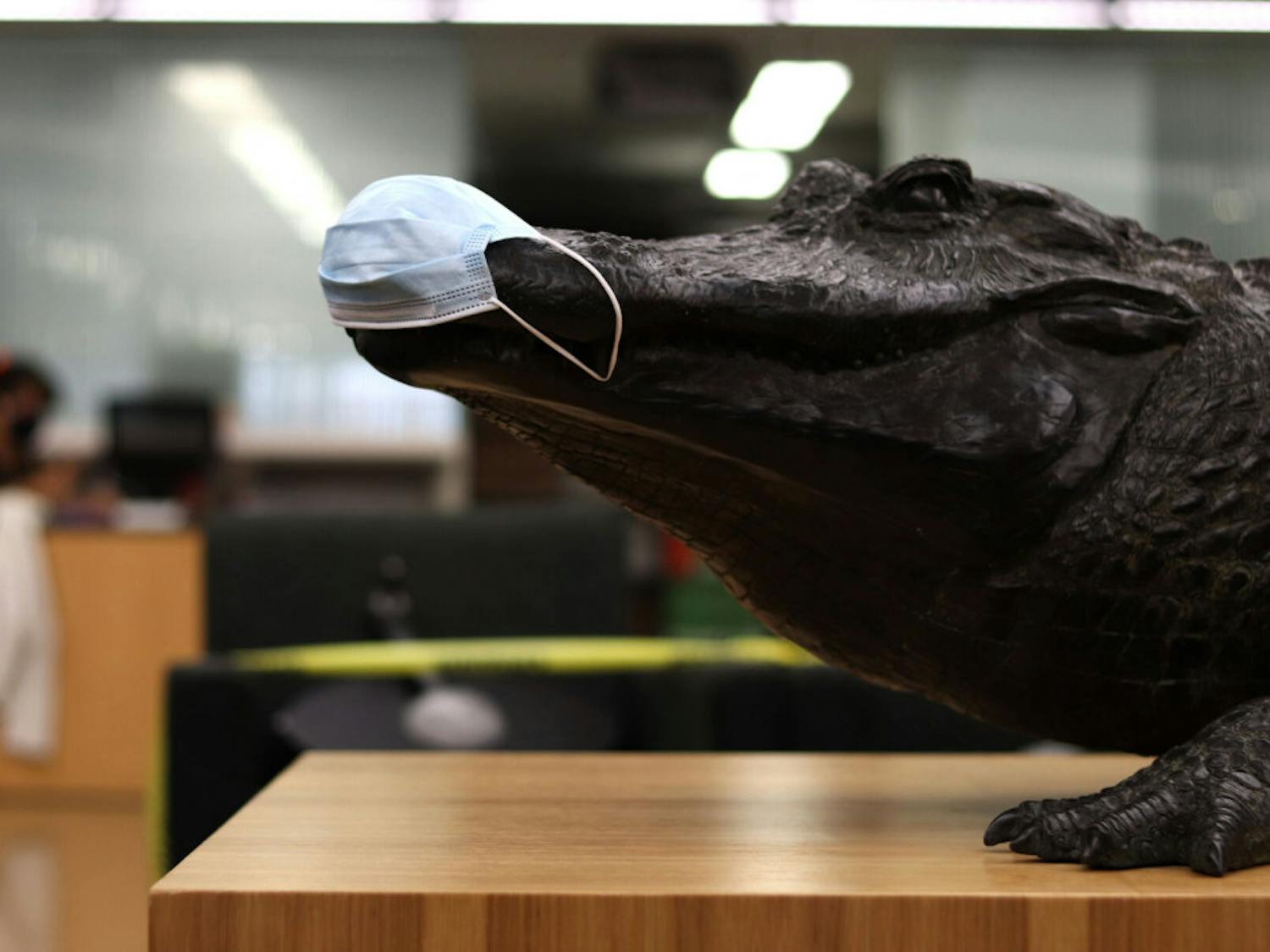 A mask is seen on the "Focused Attention" gator statue in Library West on Friday, Sept. 11, 2020. (Lauren Witte/Alligator Staff)