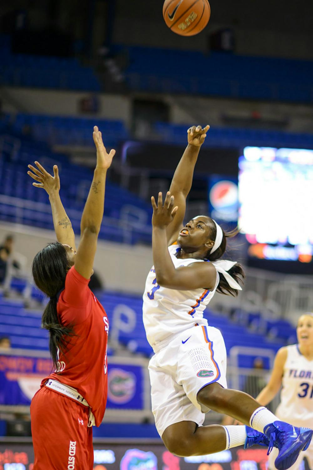 <p>Sophomore guard January Miller attempts a floater down the lane during Florida's 72-68 win against St. John's on Nov. 26 in the O'Connell Center.</p>