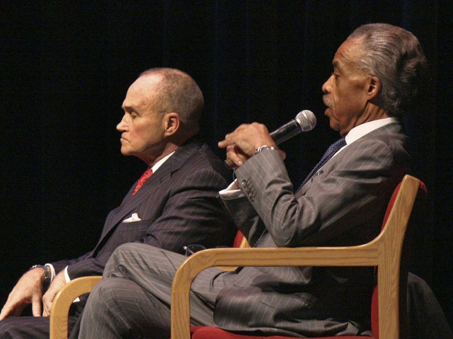 Rev. Al Sharpton, right, and former New York City police commissioner Raymond Kelly speak at ACCENT Speakers Bureau’s “A Conversation on Policing, Gun Violence, and Civil Rights” event Nov. 17, 2015, in the Phillips Center.