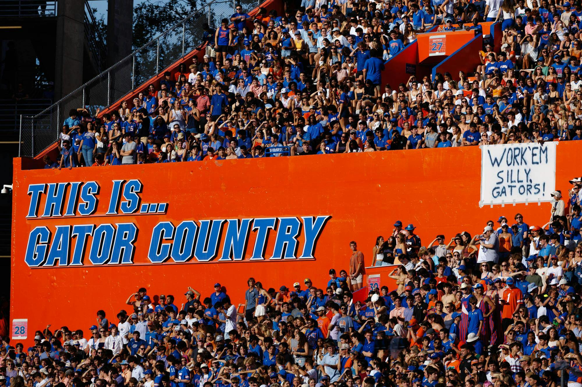 Fans sit inside the Swamp during the first half of an NCAA college football game against Campbell, Saturday, Sept. 12, 2026, in Gainesville, Fla.