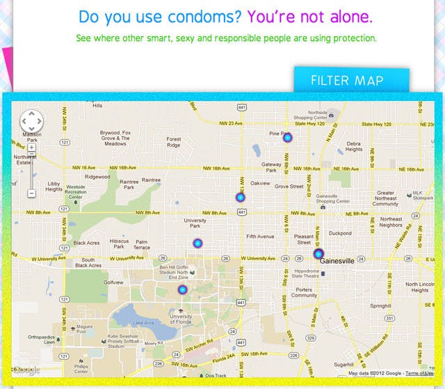 The above map shows the safe-sex check-ins for the Gainesville area as of Thursday night.