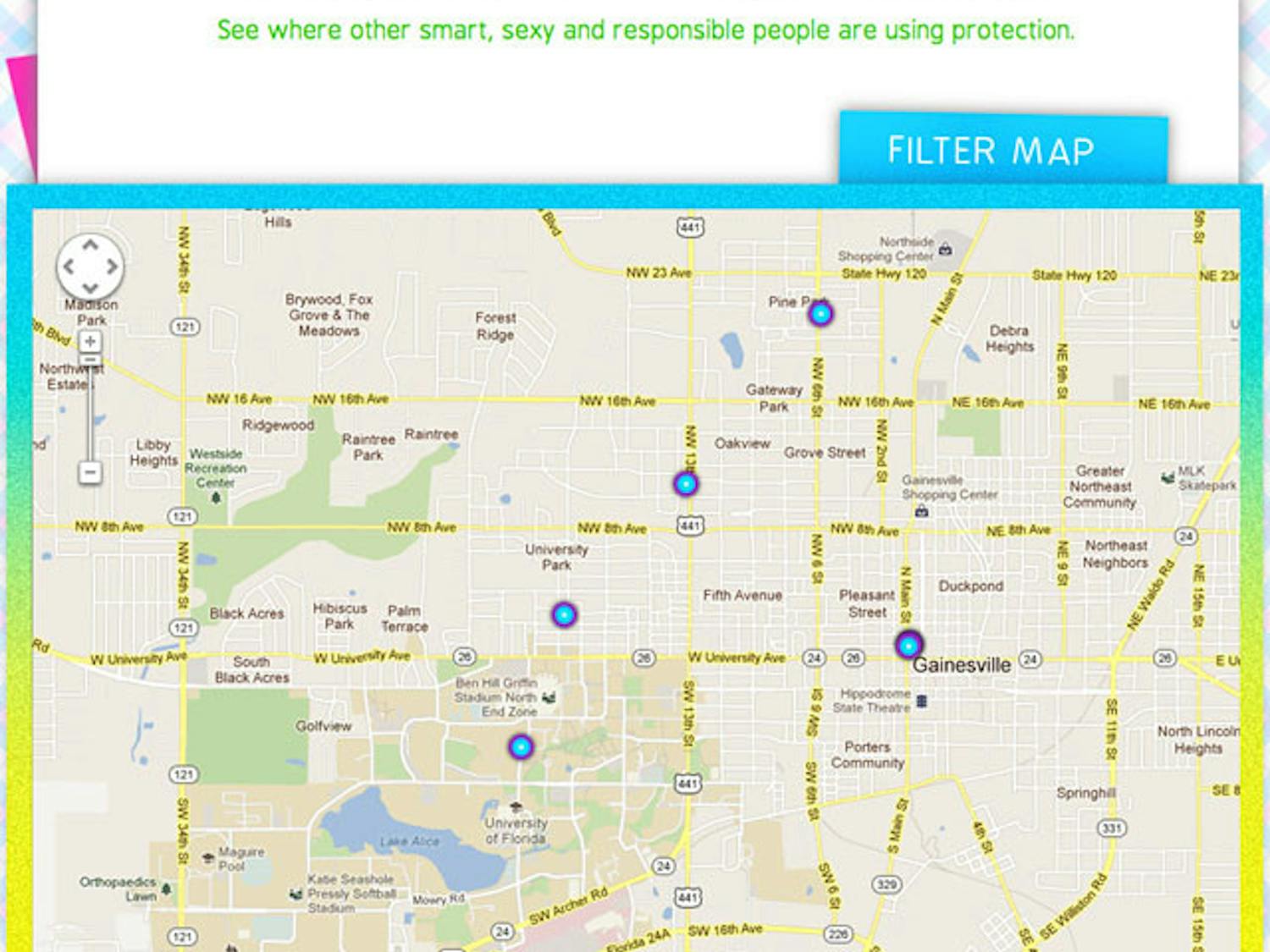 The above map shows the safe-sex check-ins for the Gainesville area as of Thursday night.