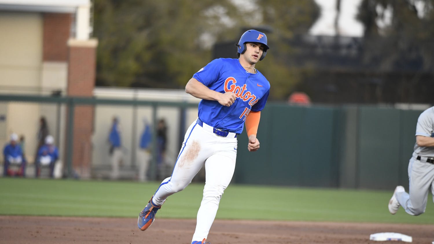Gators first baseman Jac Caglianone rounds second base in the team's win over Columbia University on Saturday, February 24, 2024. 