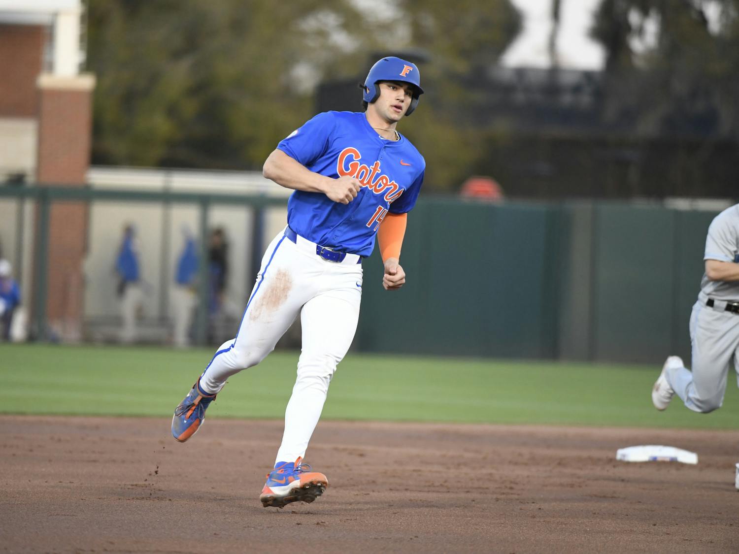 Gators first baseman Jac Caglianone rounds second base in the team's win over Columbia University on Saturday, February 24, 2024. 