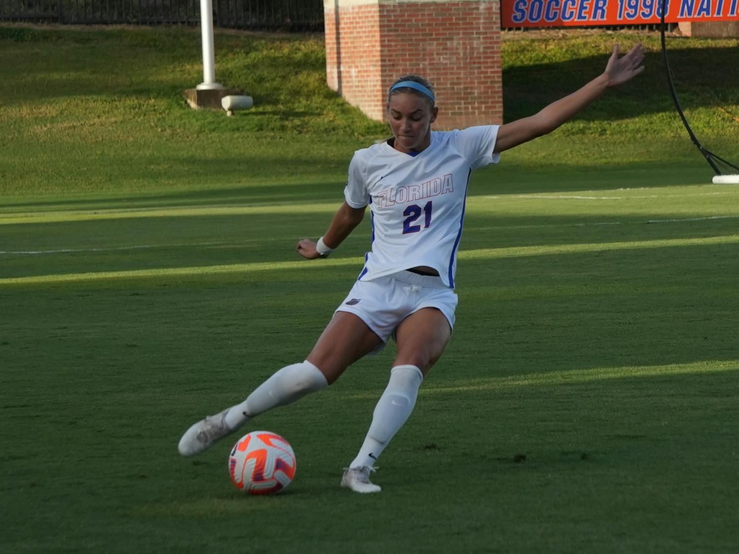 Junior defender Madison Young kicks the ball in the Gators' 1-0 loss to the Mississippi State Bulldogs on Thursday, Oct. 5, 2023.