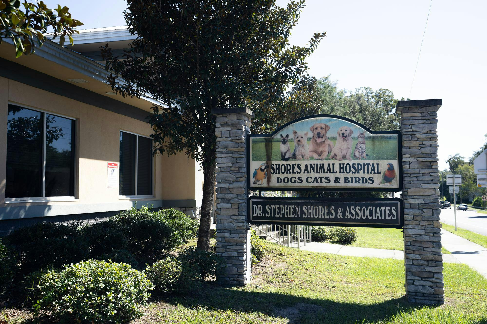 Shores Animal Hospital sign advertising care for dogs, cats, and birds alongside 3717 NW 13th St. in Gainesville, Fla., Friday, Oct. 16, 2026.