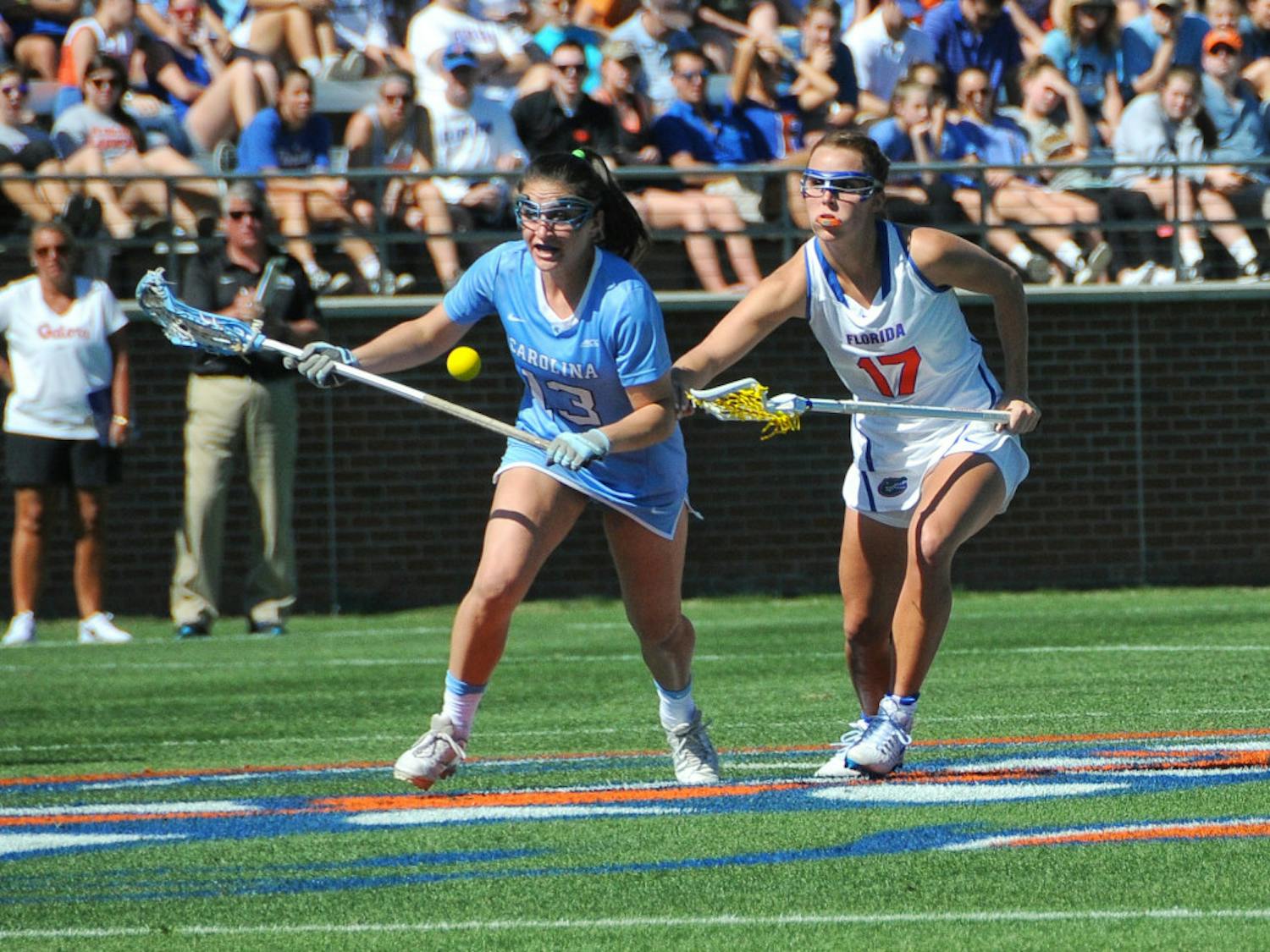 Florida attacker Mollie Stevens (right) chases the ball in UF's loss to North Carolina on Feb. 11. 