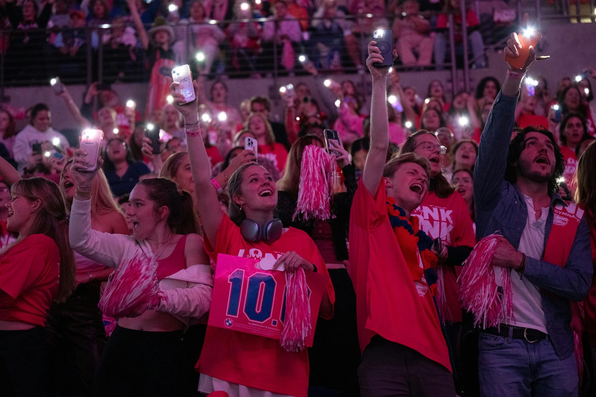 Gators students sing “I Won’t Back Down” by Tom Petty during a gymnastics meet against Auburn University in Gainesville, Fla., on Friday, Feb. 14, 2025.