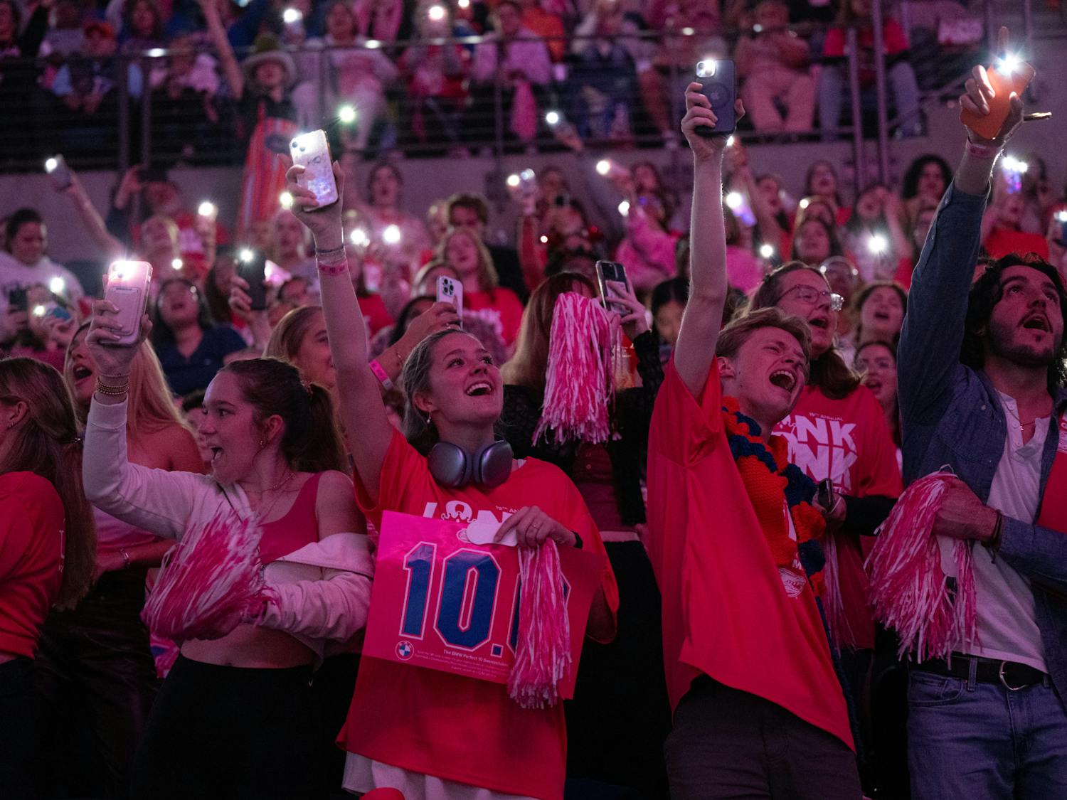 Gators students sing “I Won’t Back Down” by Tom Petty during a gymnastics meet against Auburn University in Gainesville, Fla., on Friday, Feb. 14, 2025.