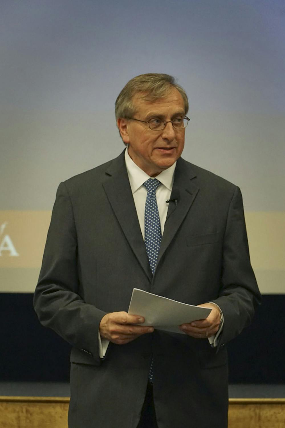 <p>UF President Kent Fuchs delivers his State of the University address in the Reitz Union Auditorium on Sept. 24, 2015. He plans to increase diversity and research opportunities at UF.</p>