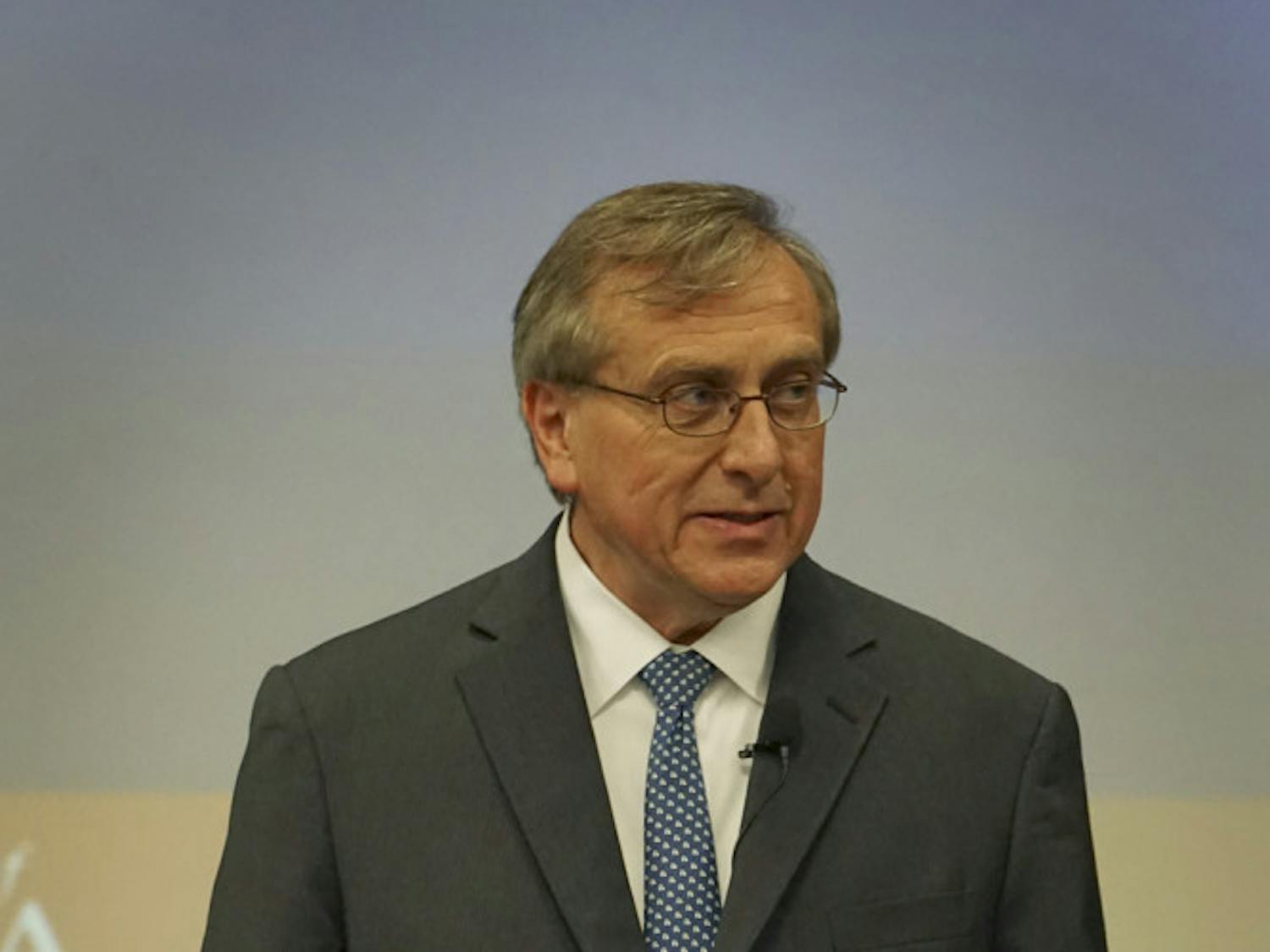 UF President Kent Fuchs delivers his State of the University address in the Reitz Union Auditorium on Sept. 24, 2015. He plans to increase diversity and research opportunities at UF.