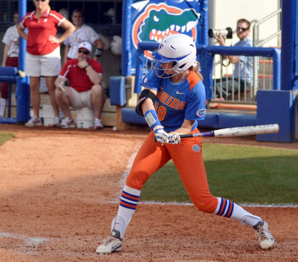 <p>Chelsea Herndon swings during Florida’s 8-0 win against Indiana on Feb. 22 at Katie Seashole Pressly Stadium.</p>