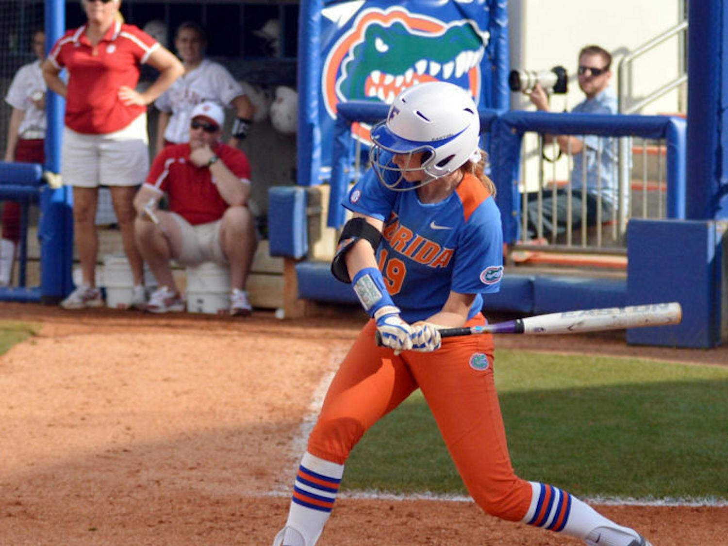 Chelsea Herndon swings during Florida’s 8-0 win against Indiana on Feb. 22 at Katie Seashole Pressly Stadium.