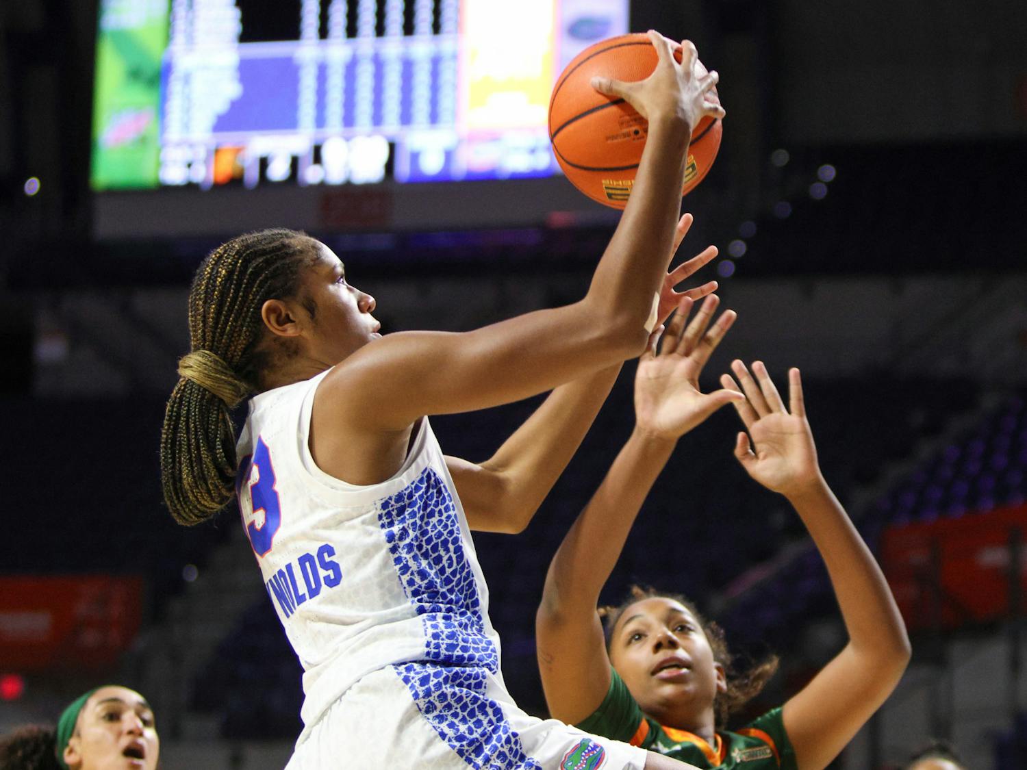 Freshman guard Laila Reynolds attempts a layup in the Gators&#x27; 92-54 win against the Florida A&amp;M Rattlers on Monday, Nov. 13, 2023.