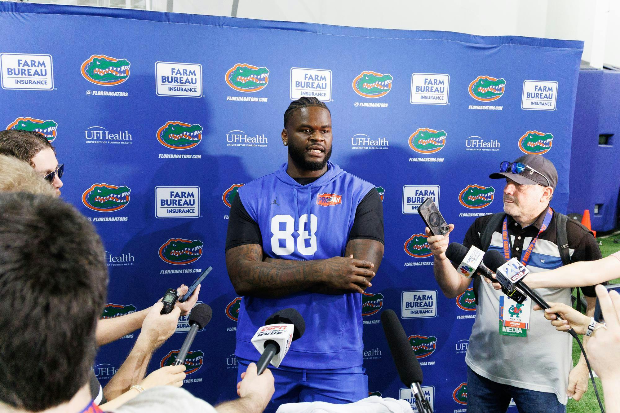 Florida defensive tackle Caleb Banks talks to the media during Pro Day at the Heavener Football Training Center in Gainesville, Fla., Thursday, March 26, 2026.