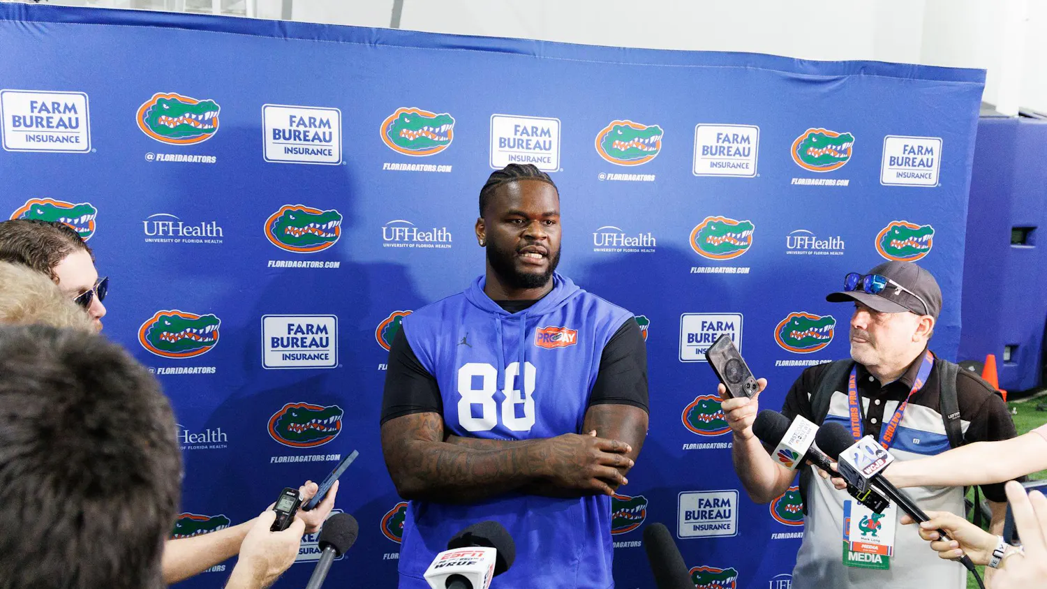 Florida defensive tackle Caleb Banks talks to the media during Pro Day at the Heavener Football Training Center in Gainesville, Fla., Thursday, March 26, 2026.