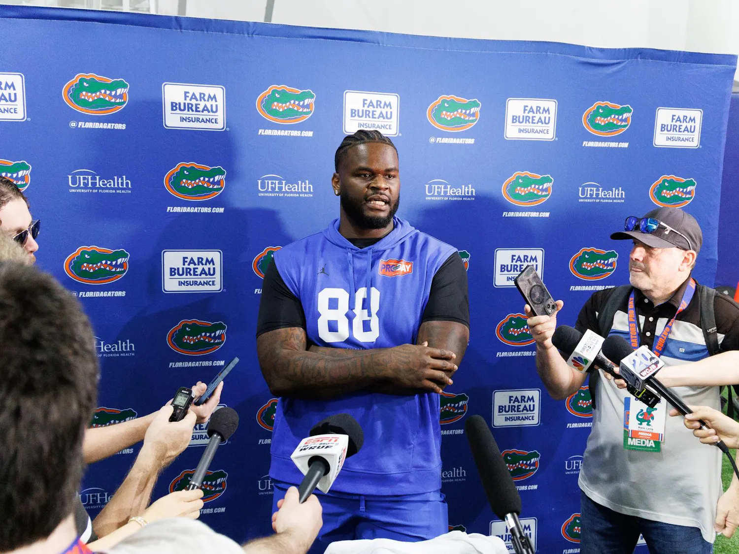 Florida defensive tackle Caleb Banks talks to the media during Pro Day at the Heavener Football Training Center in Gainesville, Fla., Thursday, March 26, 2026.