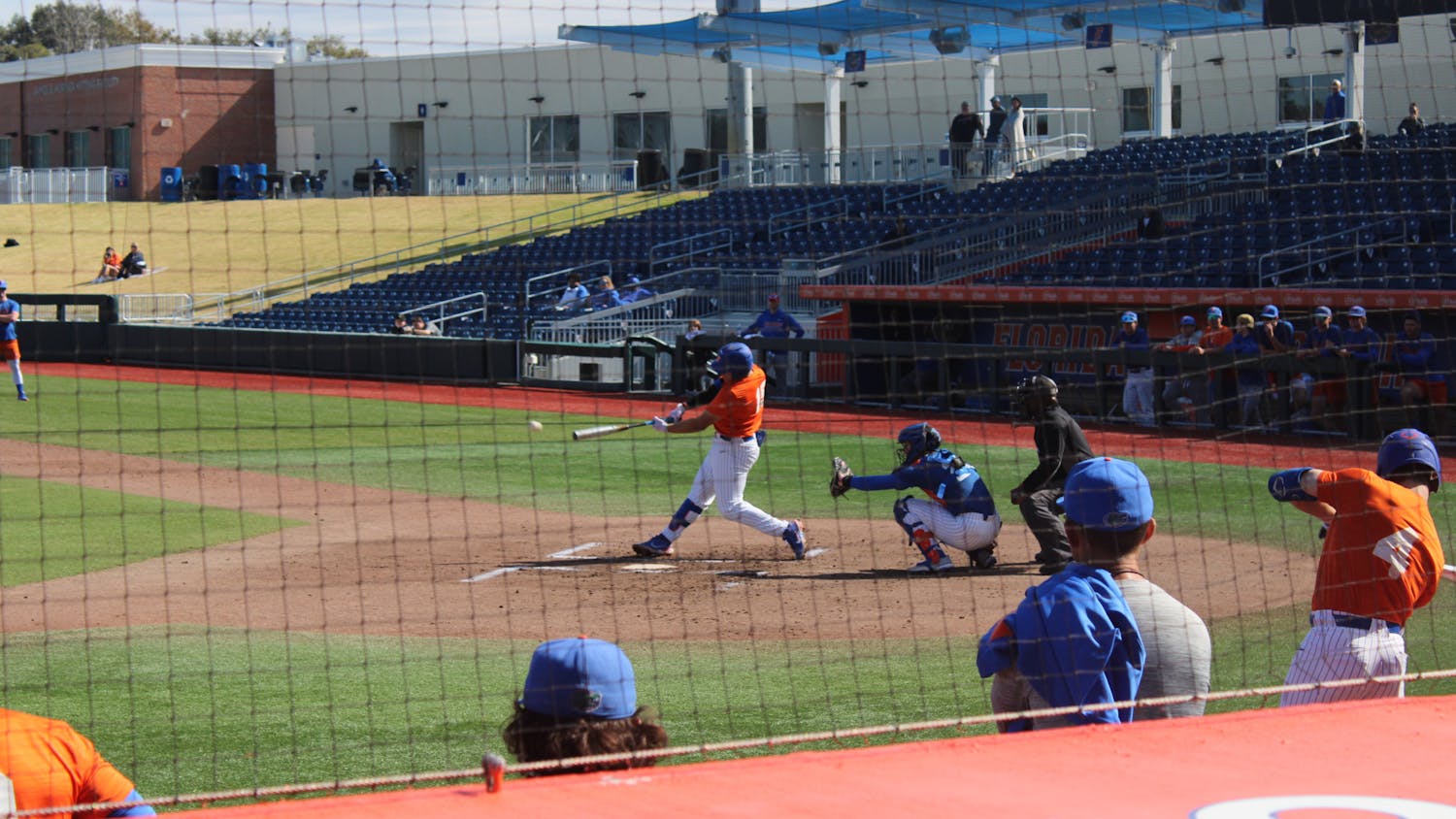 Florida catcher BT Riopelle swings his bat in the Gators' second Spring scrimmage Saturday, Jan. 28, 2023.