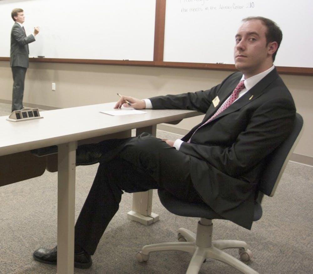<p>Newly elected Student Senate President Logan Harrison waits for the final tally for his previous position, Senate president pro tempore.</p>