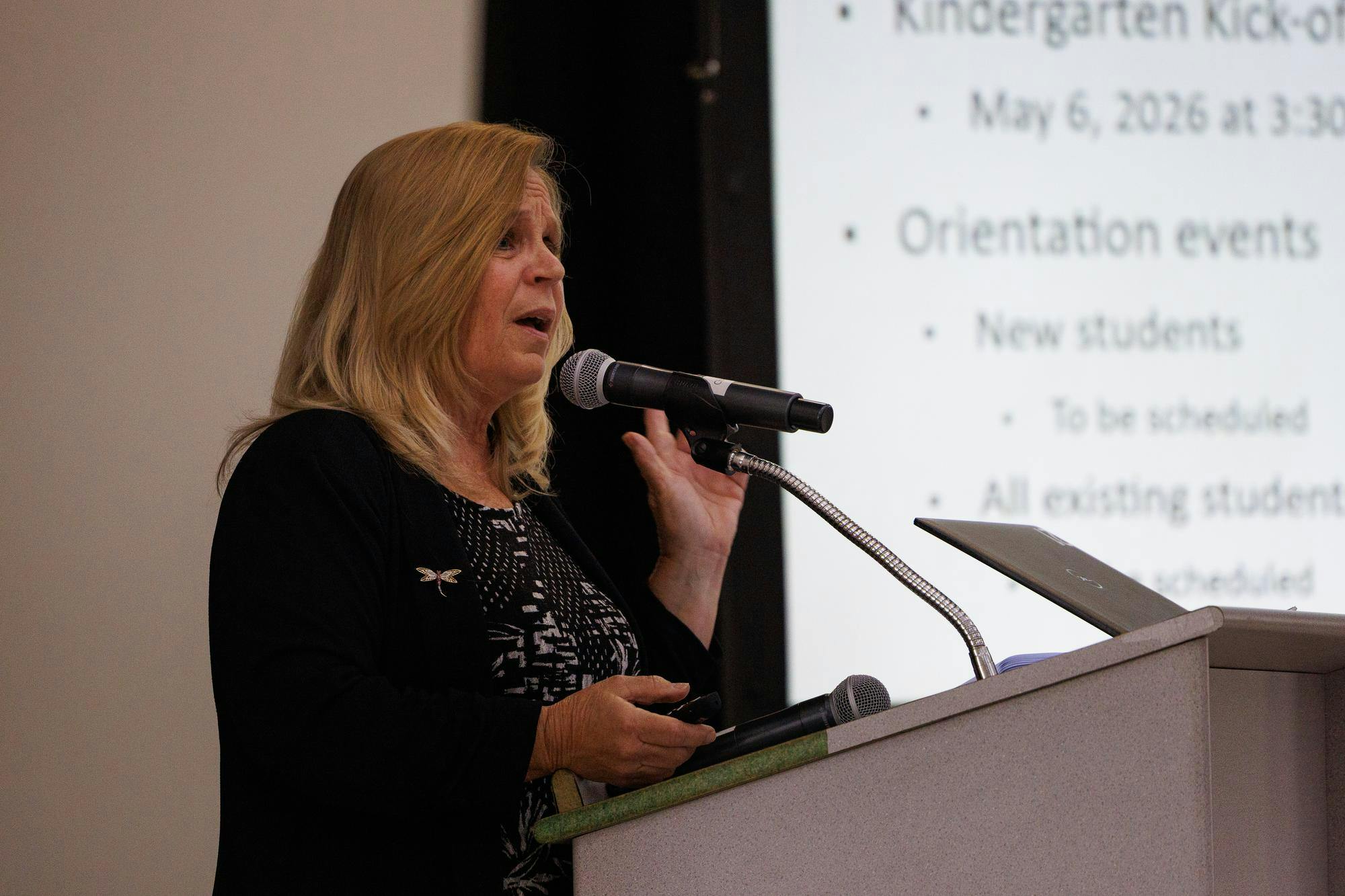 Alachua County Public Schools Deputy Superintendent Cathy Atria speaks during at meeting at Oak View Middle School, Tuesday, April 7, 2026.