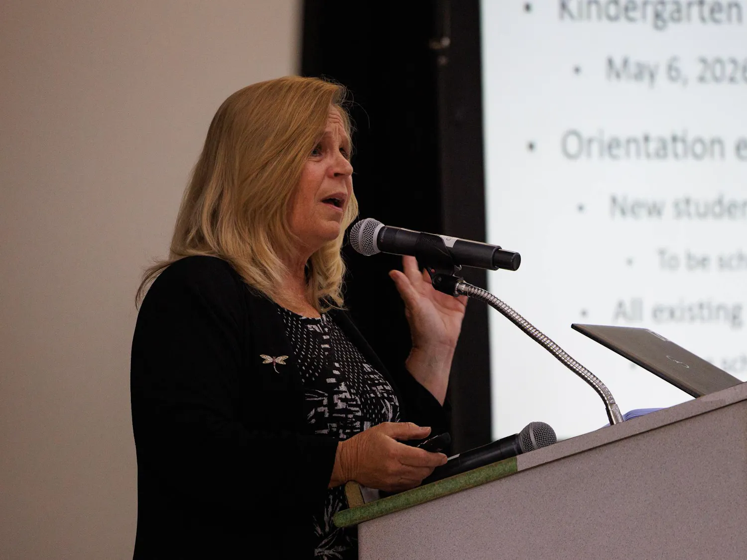Alachua County Public Schools Deputy Superintendent Cathy Atria speaks during at meeting at Oak View Middle School, Tuesday, April 7, 2026.