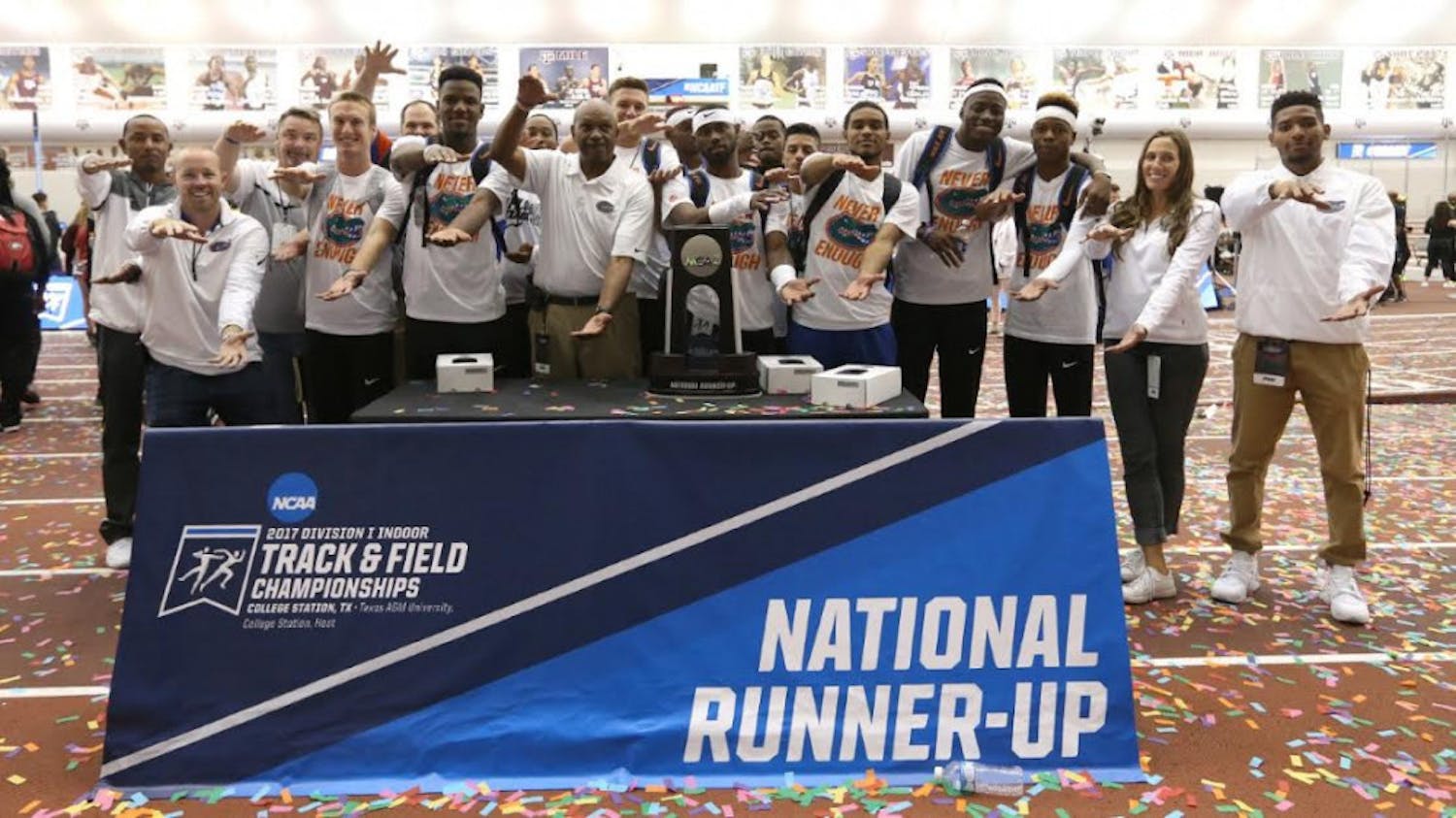 The UF men's track team poses for a photo after finishing in second place in the NCAA Indoor Championships Saturday at Gilliam Indoor Stadium in College Station, Texas.