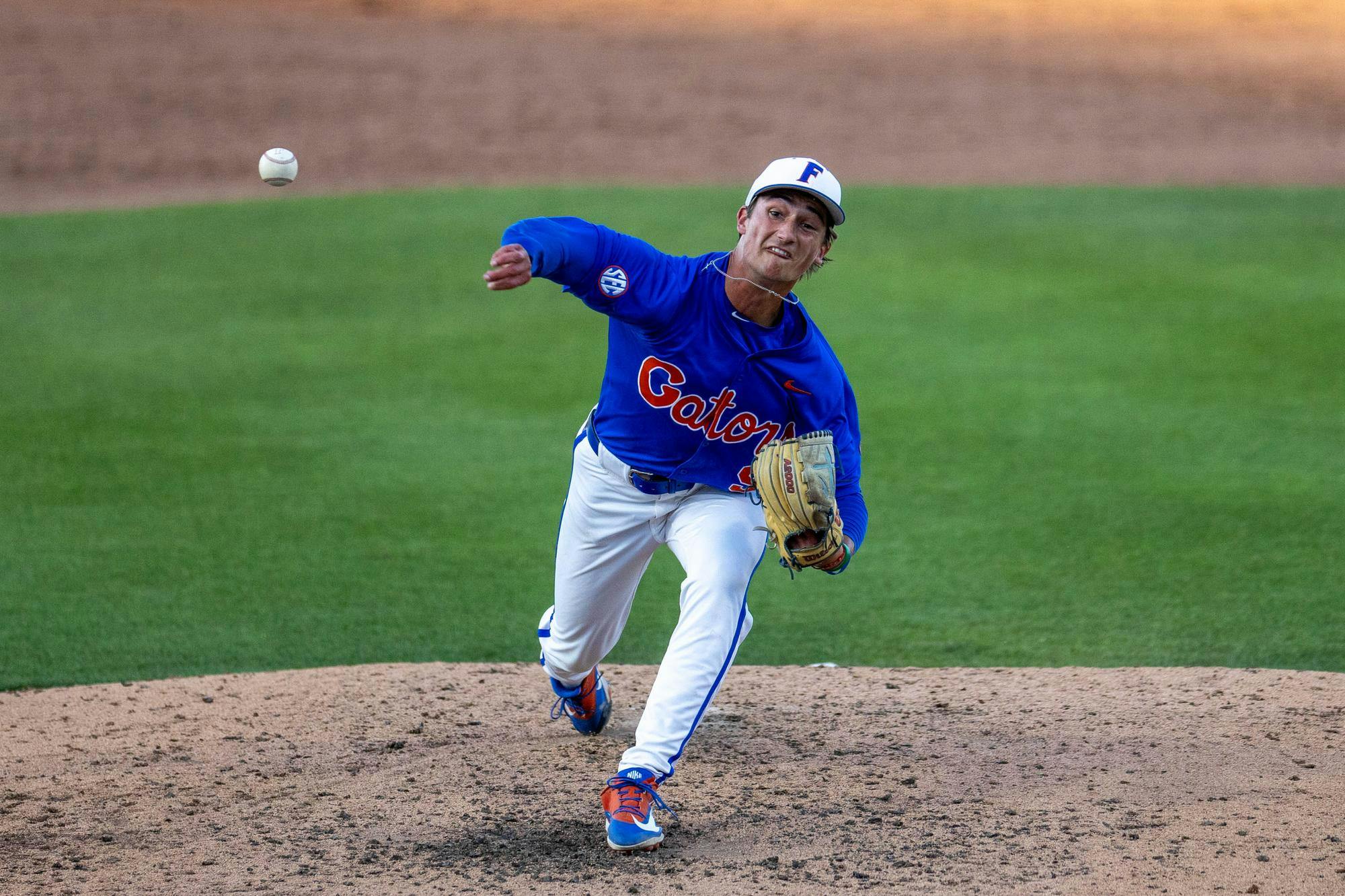 Florida right-handed pitcher Luke McNeillie (9) pitches during an NCAA college baseball game against Auburn at Condron Family Ballpark in Gainesville, Fla., Friday, April 17, 2026.