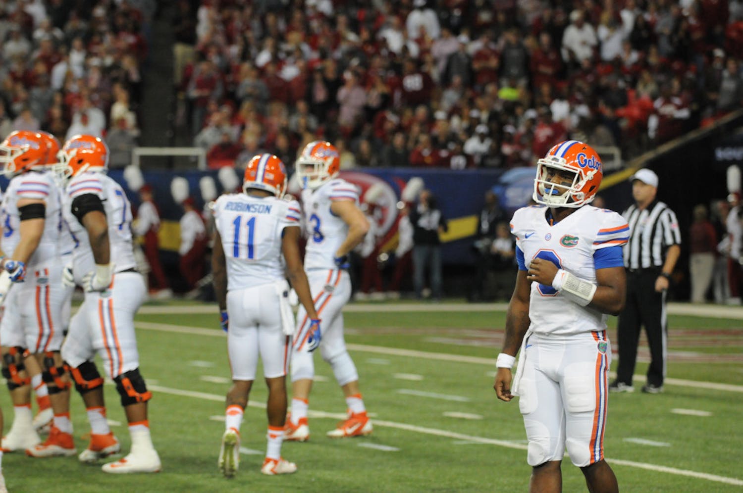 Treon Harris looks on during Florida's 27-2 loss to Florida State at the 2015 SEC Championship Game in Atlanta.