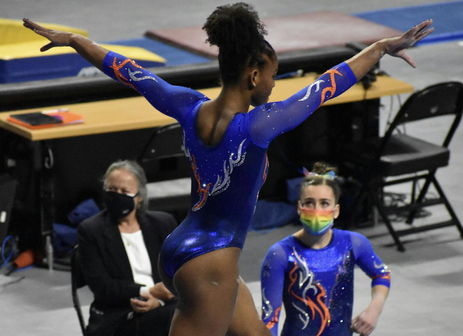 Trinity Thomas performs on the balance beam against Missouri Jan. 29. The junior was ruled out 30 minutes before Friday’s meet with an ankle injury