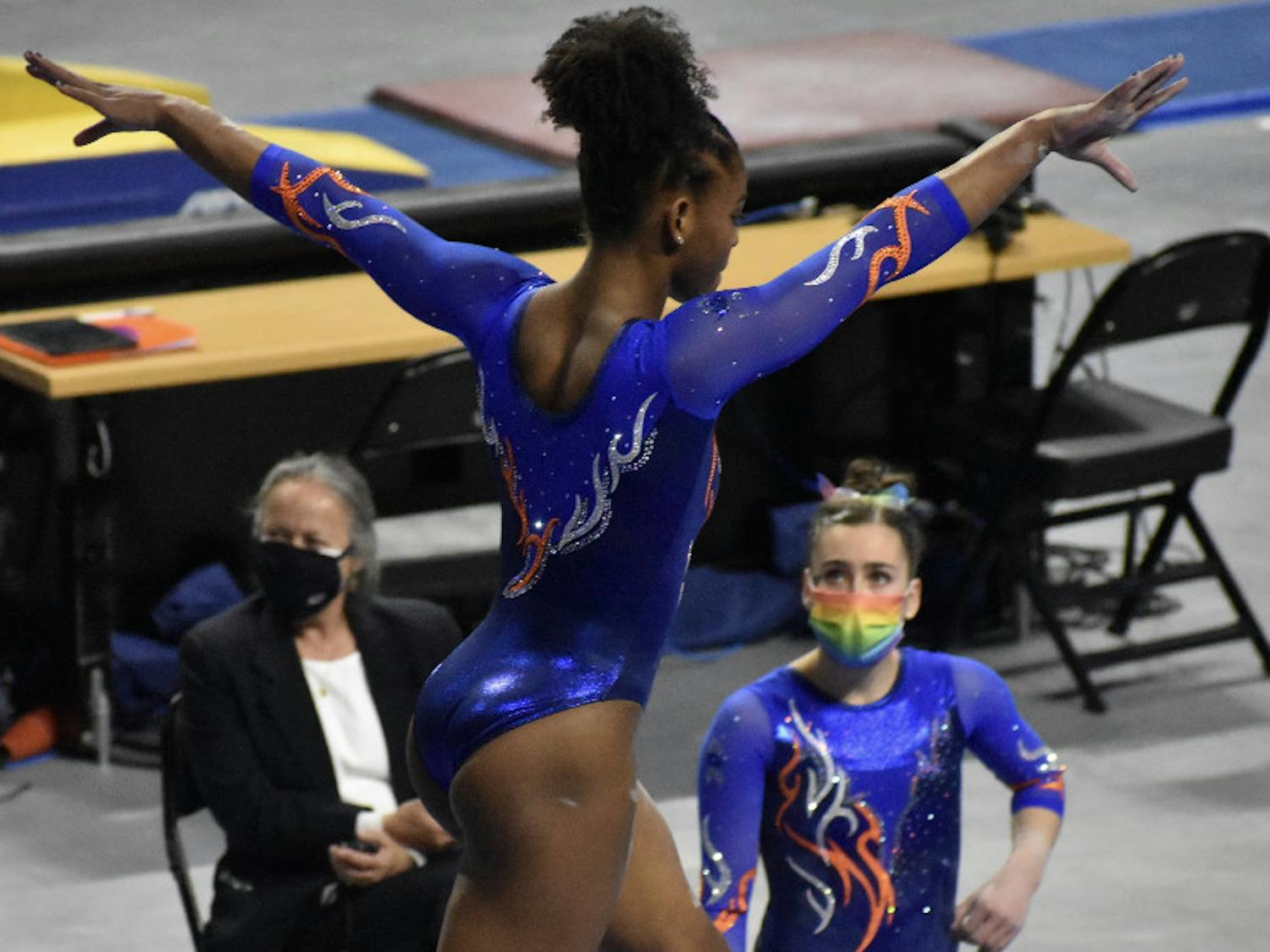 Trinity Thomas performs on the balance beam against Missouri Jan. 29. The junior was ruled out 30 minutes before Friday’s meet with an ankle injury