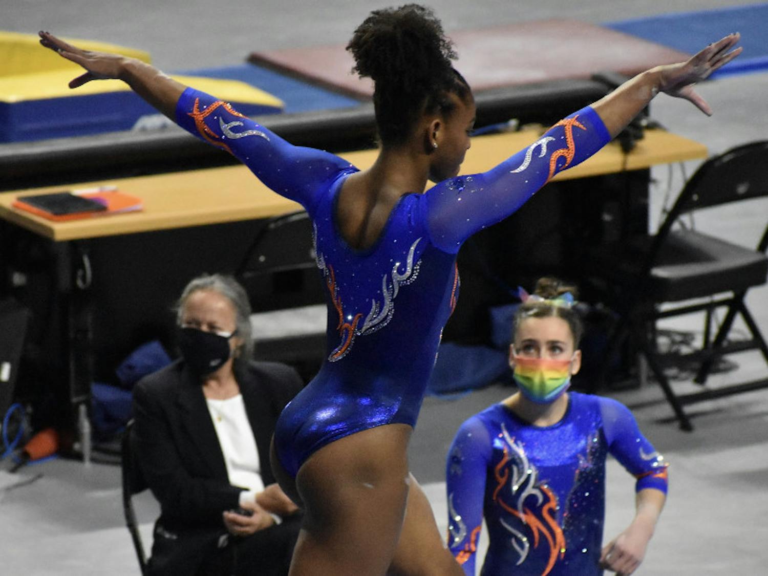 Trinity Thomas performs on the balance beam against Missouri Jan. 29. The junior was ruled out 30 minutes before Friday’s meet with an ankle injury