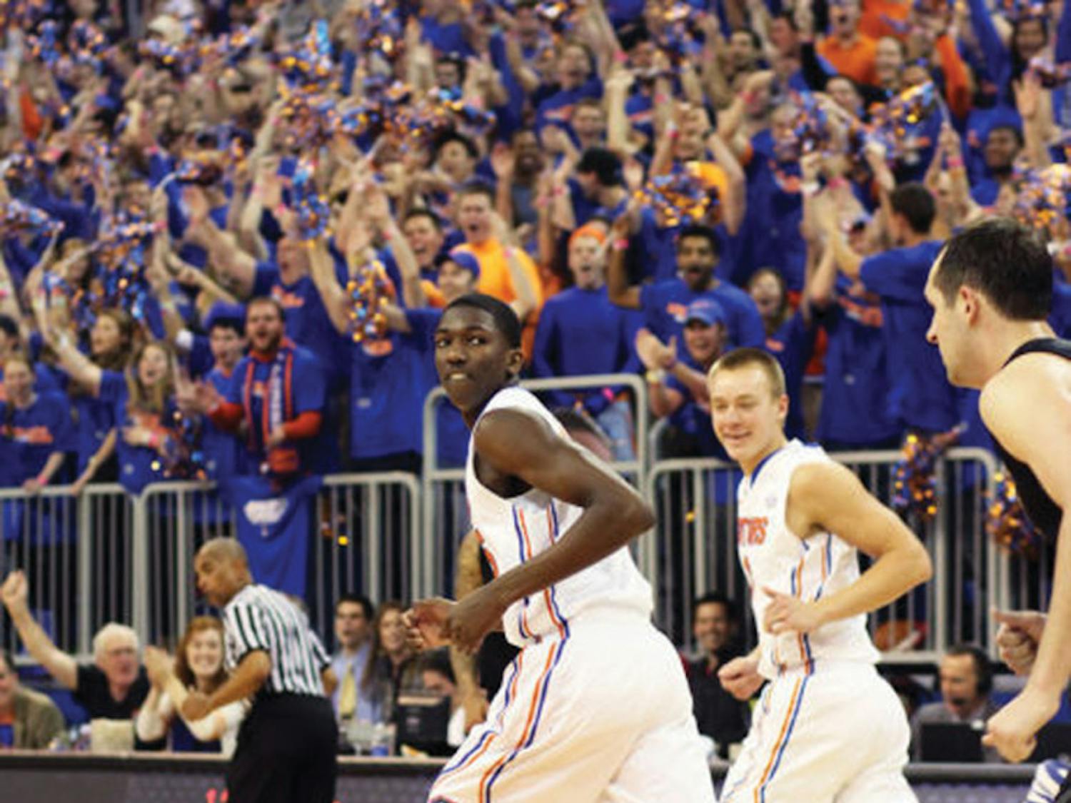 DeVon Walker runs down the court during Florida’s 83-52 victory against Missouri on Jan. 19 in the O’Connell Center.
