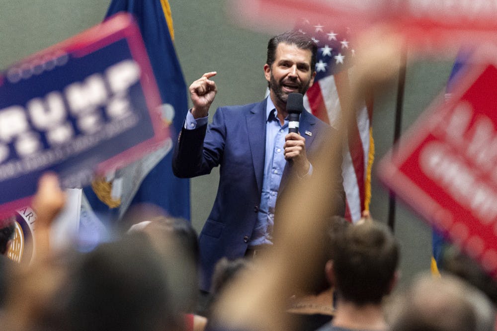 <p>Donald Trump Jr speaks at a Louisiana GOP rally in Lafayette, La,m for both Republican gubernatorial candidates. Monday, Oct. 7, 2019. (Scott Clause/The Daily Advertiser via AP)</p>