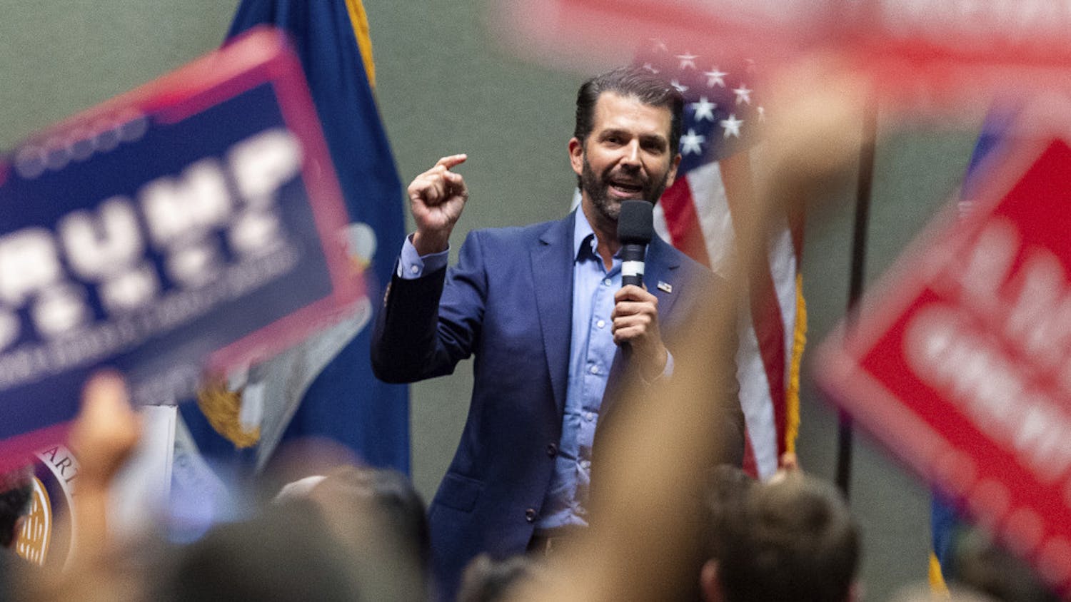 Donald Trump Jr speaks at a Louisiana GOP rally in Lafayette, La,m for both Republican gubernatorial candidates. Monday, Oct. 7, 2019. (Scott Clause/The Daily Advertiser via AP)