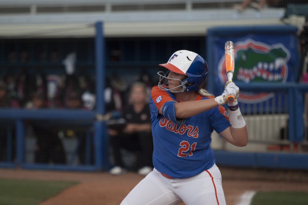 Kayli Kvistad swings during Florida's 15-7 win against Bethune-Cookman on March 29, 2017, at Katie Seashole Pressly Stadium.