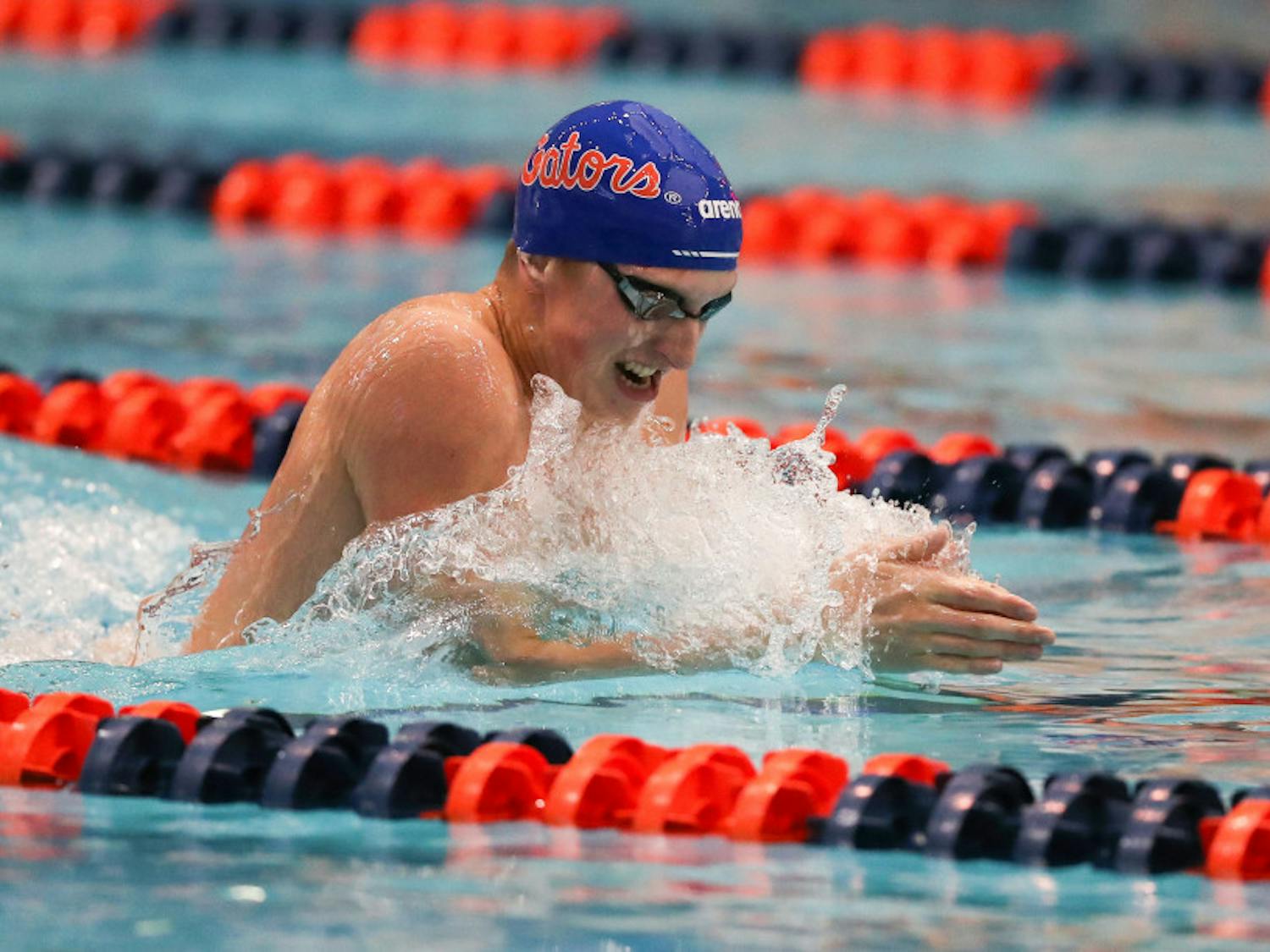 Gators swimmer Kieran Smith comes up to breathe while swimming breaststroke. Smith pulled in seven medals Friday, including four gold