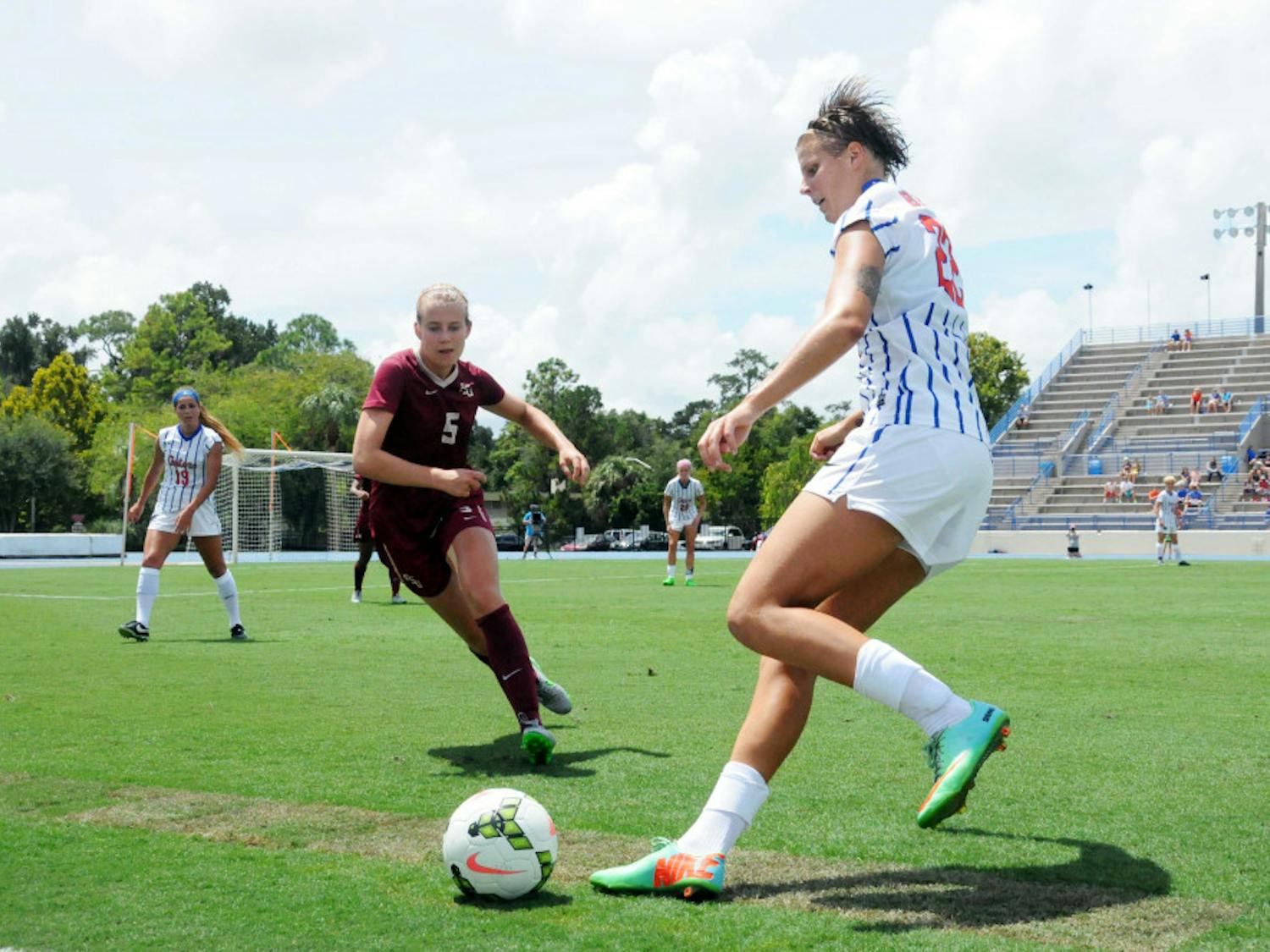 UF midfielder Pamela Begic dribbles the ball while FSU's Elin Jensen (5) approaches during the first half of Florida's 3-2 win against Florida State on Aug. 30, 2015, at James G. Pressly Stadium.